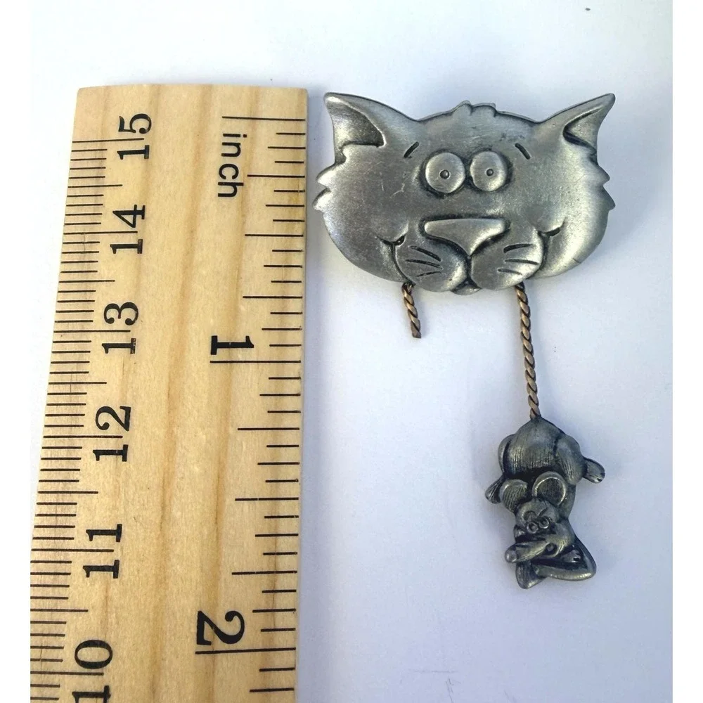 Vintage JJ Jonette Jewelry Pewter Cat and Mouse Brooch, Whimsical Feline Pin